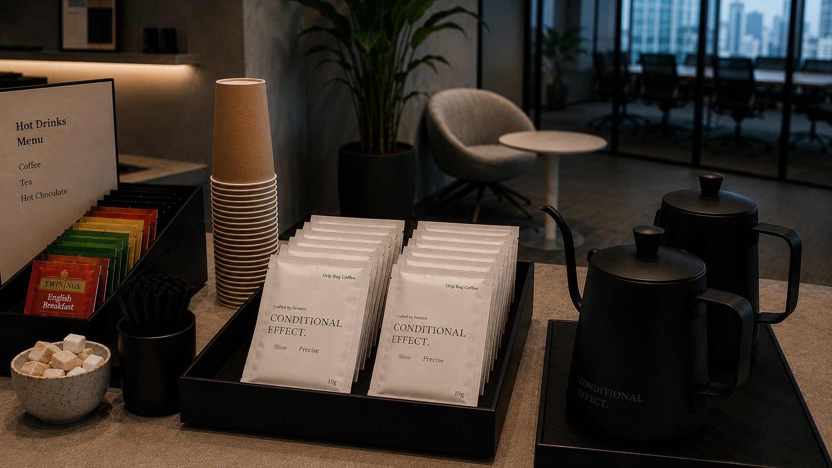 Conditional Effect. drip bag coffee at a corporate office coffee station