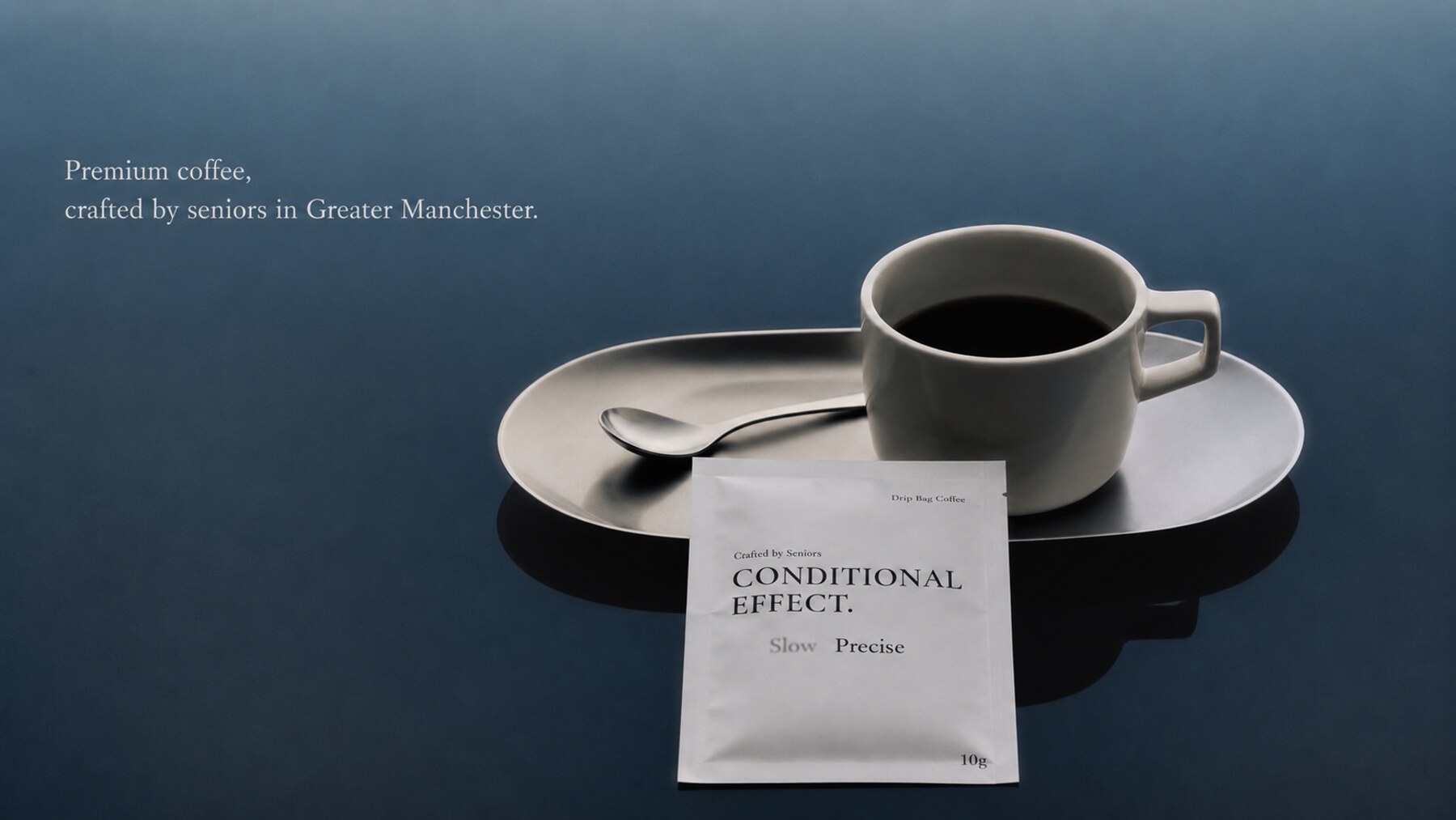 Conditional Effect. drip bag served with coffee, on slate