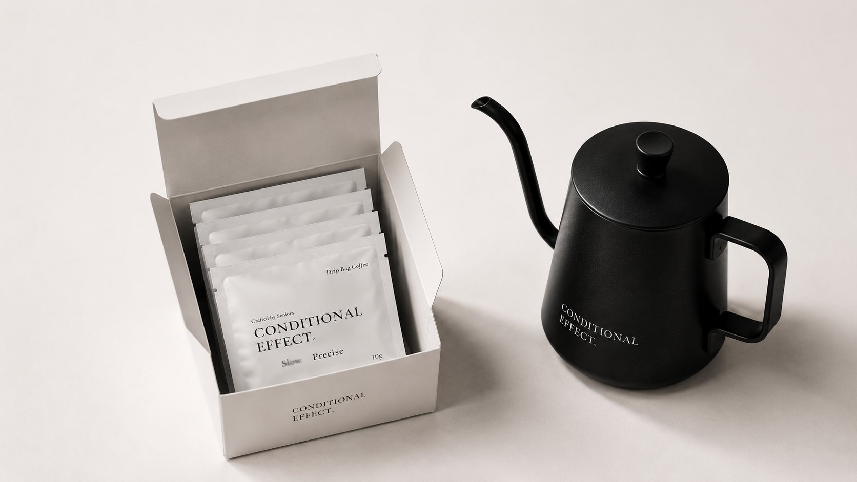The Starter Set — open box of drip bags with the gooseneck kettle